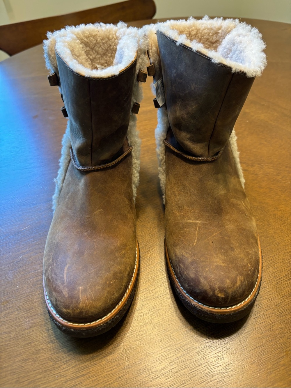 UGG Brown Leather Sherpa-Trim Booties